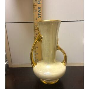 Vintage Lusterware Pearl China 2 Handled Vase 7 3/4" Beautiful 22 kt gold trim